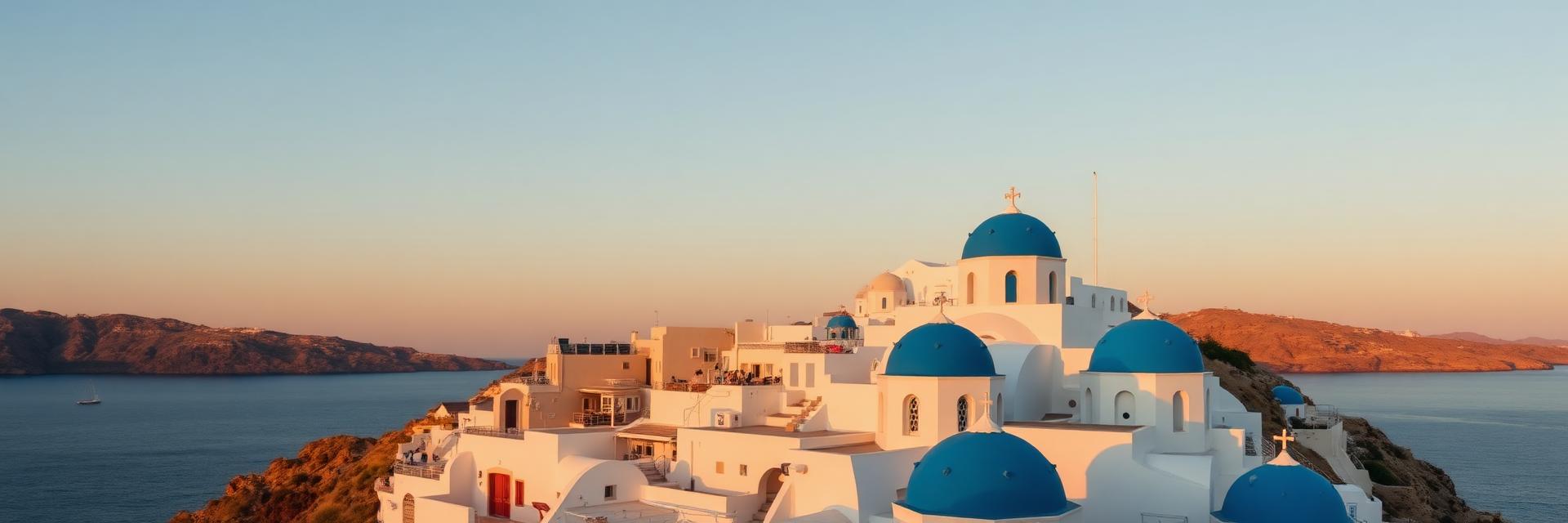 Santorini white buildings with blue domes above the sea