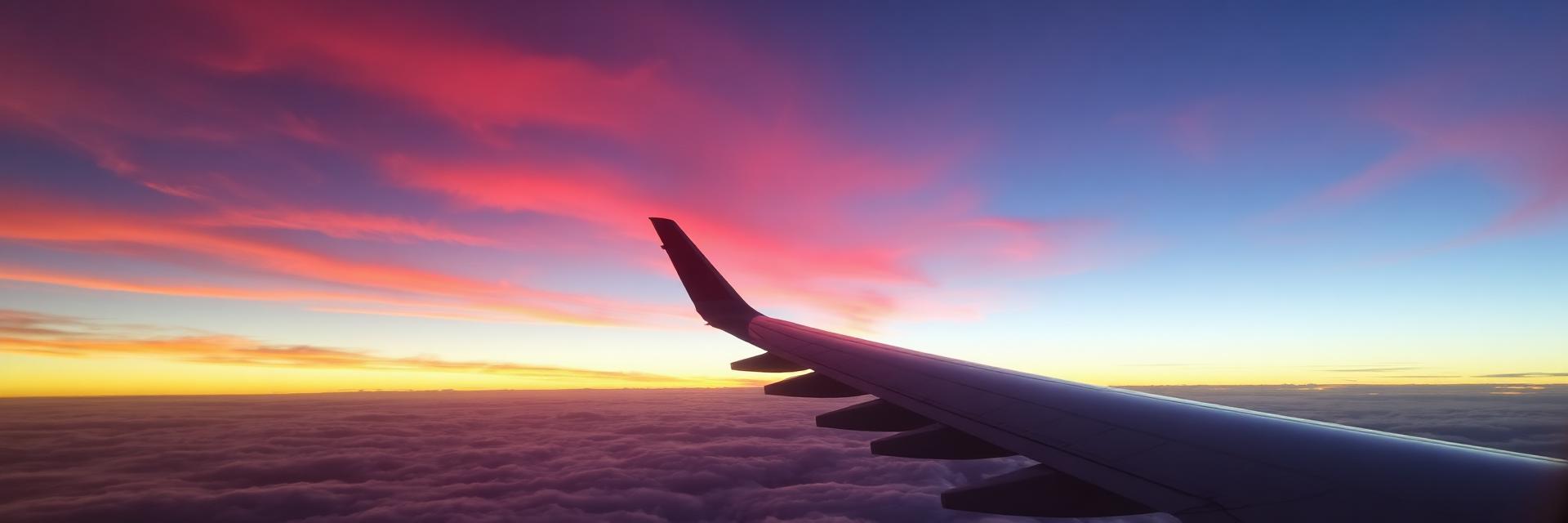 Airplane wing above clouds at sunset